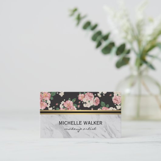 Elegantes florales Muster Gold Metallic Trim Marmo Visitenkarte (Stehend Vorderseite)