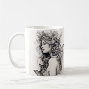 Elegantes florales Porträt Frau und Schmetterling Kaffeetasse