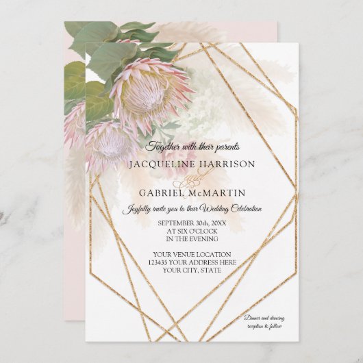 Elegantes florales Protea Pampas Grass Geometric G Einladung (Vorne/Hinten)