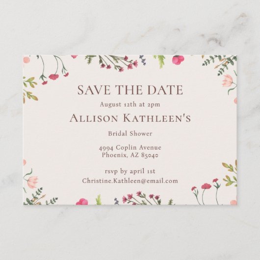 Elegantes, florales Rosa Brautparty Save the Date Begleitkarte (Vorderseite)