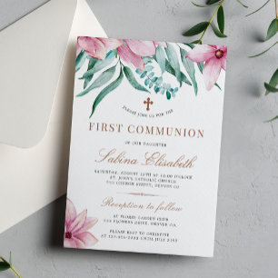 Elegantes, florales Rosa Erstkommunion Einladung