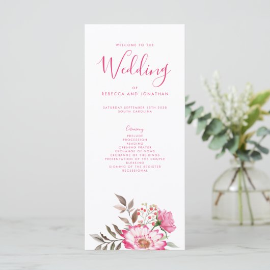 Elegantes florales Rosa-Minimal-Hochzeitsprogramm (Stehend Vorderseite)