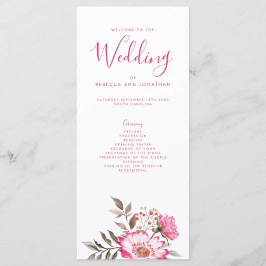 Elegantes florales Rosa-Minimal-Hochzeitsprogramm (Vorderseite)