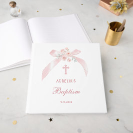 Elegantes Florales Rosa Schleife Taufe Gästebuch