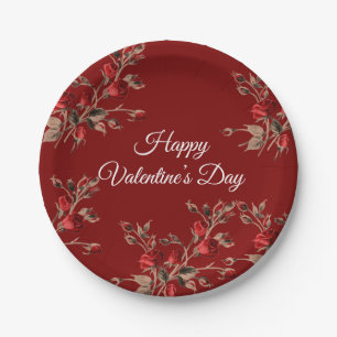 Elegantes Florales Rottes Frohes Valentinstag Pappteller