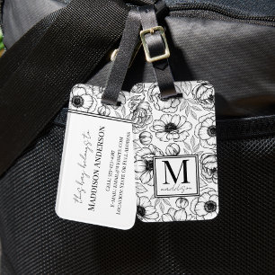 Elegantes Florales Schwarz Weiß Namensmonogramm Gepäckanhänger