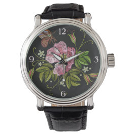 Elegantes florales Stickereimuster auf schwarzem H Armbanduhr