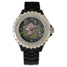 Elegantes florales Stickereimuster auf schwarzem H Armbanduhr