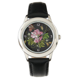 Elegantes florales Stickereimuster auf schwarzem H Armbanduhr