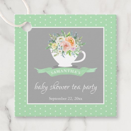 Elegantes florales Teacup Baby Dusche Tee Party Geschenkanhänger (Vorderseite)