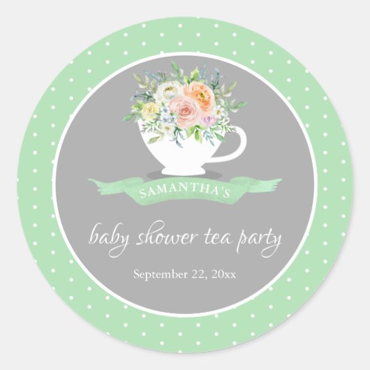 Elegantes florales Teacup Baby Dusche Tee Party Runder Aufkleber (Vorderseite)