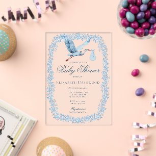 Elegantes florales Toile Rahmen Blau Storch Babypa Acryleinladungen