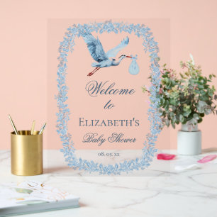 Elegantes florales Toile-Rahmen Blau Storch Babypa Acrylschild