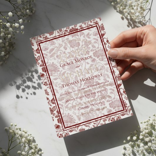 Elegantes florales Toile-Script-Monogramm rote Hoc Folieneinladung