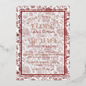 Elegantes florales Toile-Script-Monogramm rote Hoc Folieneinladung (Vorderseite)