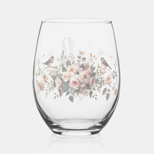 Elegantes florales Vogel Monogramm Schriftzug Brau Weinglas Ohne Stiel (Rückseite)