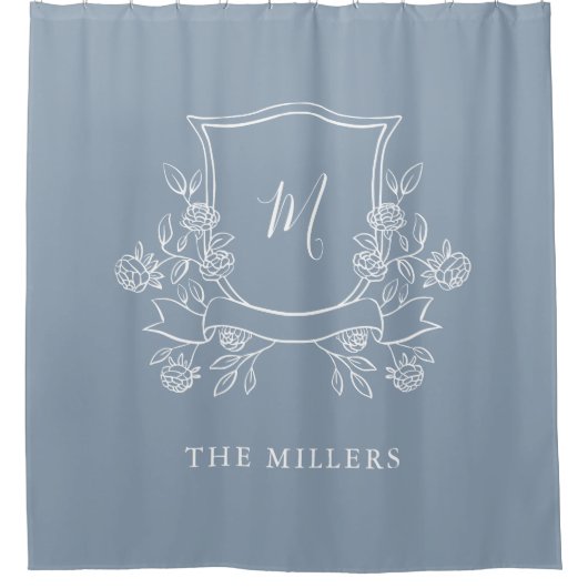 Elegantes florales Wappen | Dusty Blue Monogram Duschvorhang (Vorderseite)