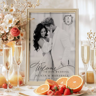 Elegantes florales Wappen-Foto-Hochzeitswillkommen Poster