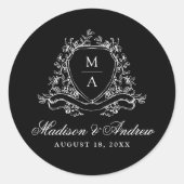 Elegantes florales Wappen Monogram Black Wedding Runder Aufkleber (Vorderseite)