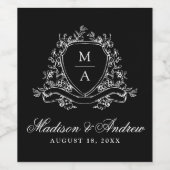 Elegantes florales Wappen Monogram Black Wedding Weinetikett (Einzelnes Label)
