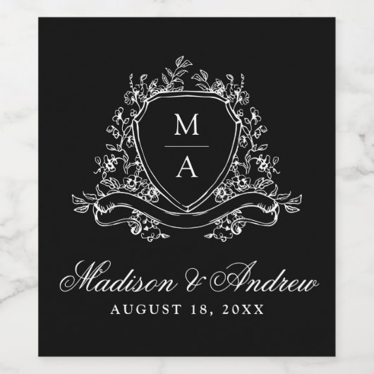 Elegantes florales Wappen Monogram Black Wedding Weinetikett (Einzelnes Label)