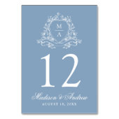 Elegantes florales Wappen Monogram Blue Wedding Tischnummer (Rückseite)