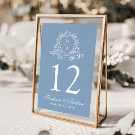 Elegantes florales Wappen Monogram Blue Wedding Tischnummer