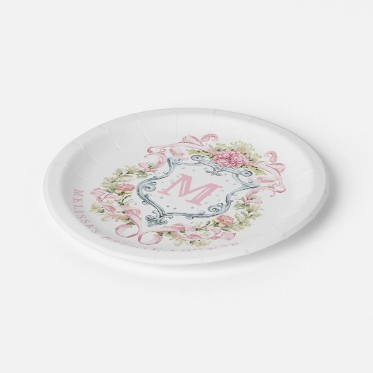 Elegantes florales Wappen Monogramm | BRAUTPARTY Pappteller (Schrägansicht)