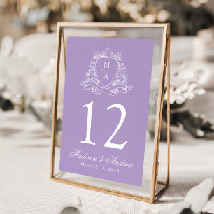 Elegantes florales Wappen-Monogramm Lavendel-Hochz Tischnummer