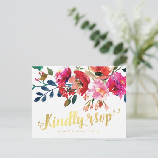 Elegantes florales Wasserfarben Weißes Gold Hochze Einladungspostkarte (Stehend Vorderseite)