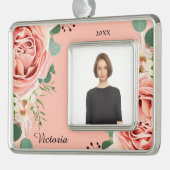 Elegantes, florales Watercolor Blume Rosa Foto Cus Rahmen-Ornament Silber (Links)
