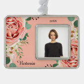 Elegantes, florales Watercolor Blume Rosa Foto Cus Rahmen-Ornament Silber (Vorderseite)