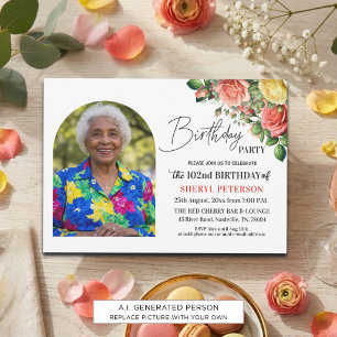 Elegantes Florales zum 102. Geburtstag mit Foto Einladung