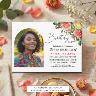 Elegantes Florales zum 34. Geburtstag mit Foto  Einladung