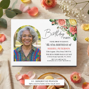 Elegantes Florales zum 87. Geburtstag mit Foto  Einladung
