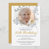 Elegantes florgelbes Foto 80. Geburtstag Einladung (Vorne/Hinten)