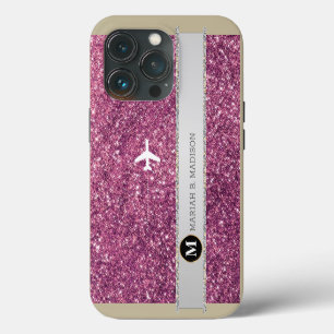 Elegantes Flugzeug Rosa Silver Glitzer Monogramm Case-Mate iPhone Hülle