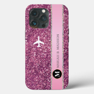 Elegantes Flugzeug Rosa Silver Glitzer Monogramm Case-Mate iPhone Hülle