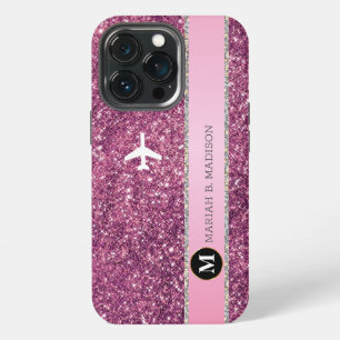 Elegantes Flugzeug Rosa Silver Glitzer Monogramm iPhone 13 Pro Hülle