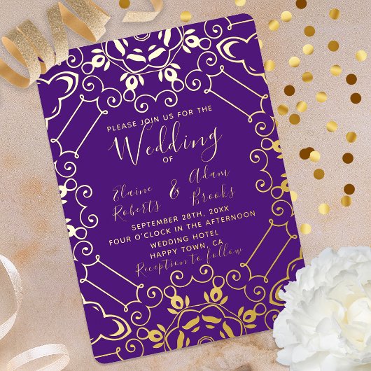 Elegantes Foil Gold und Lila Hochzeit Folieneinladung