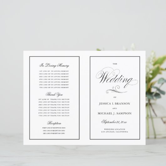 Elegantes Folding Wedding Program Black Border (Stehend Vorderseite)