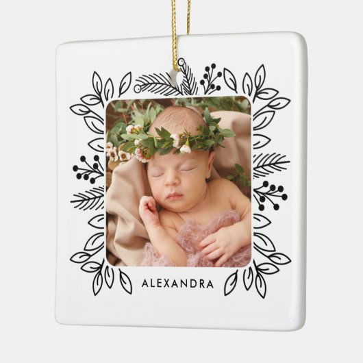 Elegantes Foliage Frame Erstes Schwarzes Foto Keramikornament (Links)