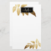 Elegantes Foliage Gold Schwarz-weißes Monogramm Briefpapier (Vorne/Hinten)
