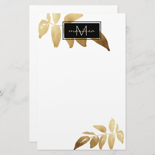 Elegantes Foliage Gold Schwarz-weißes Monogramm Briefpapier (Vorne/Hinten)