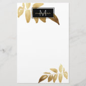 Elegantes Foliage Gold Schwarz-weißes Monogramm Briefpapier (Vorderseite)