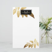 Elegantes Foliage Gold Schwarz-weißes Monogramm Briefpapier (Stehend Vorderseite)
