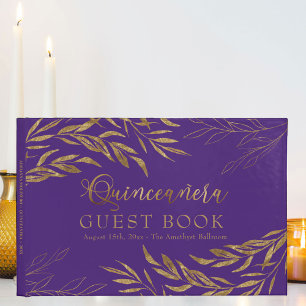 Elegantes Foliage Lila und Gold Quinceanera Gästebuch