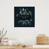 Elegantes Forest Foliage Frame Dunkles blaues Gesc Poster (Küche)