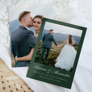 Elegantes Forest Green Script Zwei-Foto-Hochzeit Save The Date
