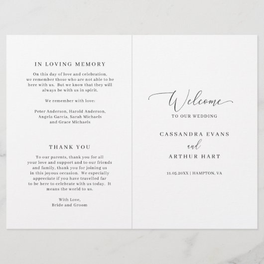 Elegantes formales Hochzeitsprogramm für das gedec (Vorderseite)